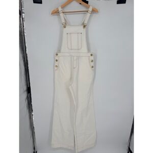 Ba&sh White Denim Wide Leg Overalls Contrast Stitch Brass Buttons Size M